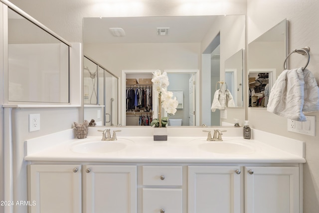 bathroom featuring vanity and a shower with shower door