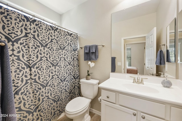 bathroom featuring vanity, hardwood / wood-style flooring, and toilet