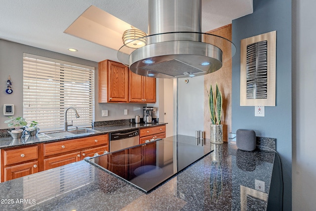 kitchen featuring sink, black electric cooktop, dishwasher, island exhaust hood, and dark stone counters