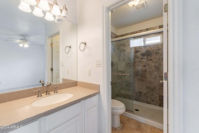 bathroom featuring tile patterned floors, ceiling fan, an enclosed shower, and toilet