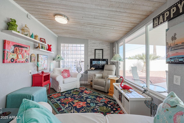 interior space with lofted ceiling and wood ceiling