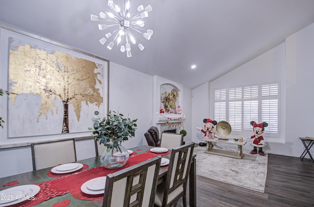 dining room with dark hardwood / wood-style flooring, lofted ceiling, and a notable chandelier