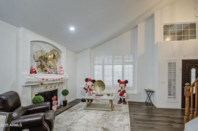 living area featuring a high end fireplace, dark hardwood / wood-style flooring, and high vaulted ceiling