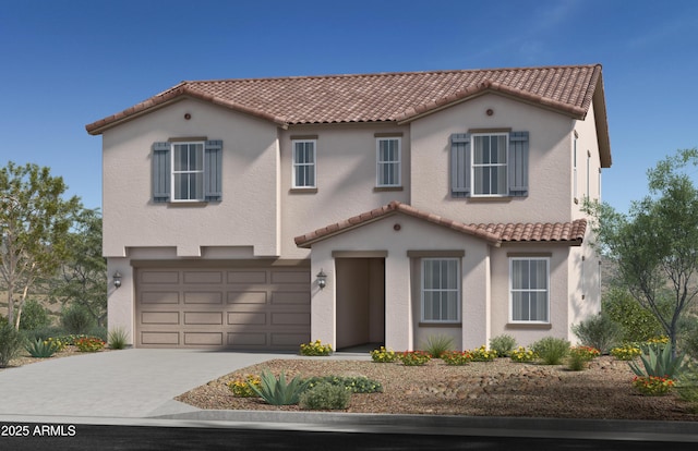 18179 W Papago St, Goodyear, AZ 85338 - mediterranean / spanish-style house with a tiled roof, an attached garage, driveway, and stucco siding