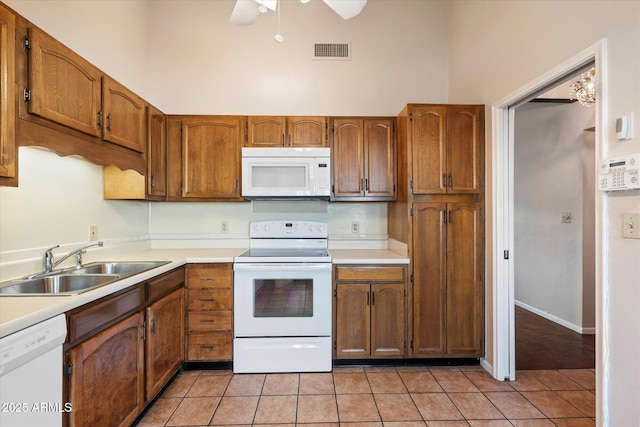 kitchen featuring light tile patterned flooring, sink, a high ceiling, ceiling fan, and white appliances