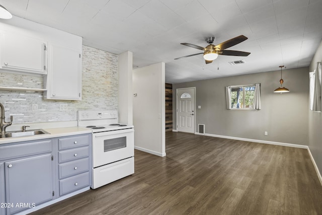 kitchen with sink, hanging light fixtures, dark wood-type flooring, electric stove, and white cabinets