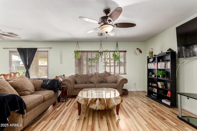40264 W Lococo St, Maricopa, AZ 85138 - living area featuring a ceiling fan, baseboards, visible vents, and light wood-style flooring