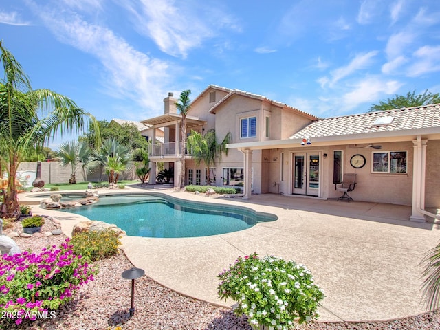19506 N 73rd Ave, Glendale, AZ 85308 - view of pool featuring a patio area, a pool with connected hot tub, ceiling fan, and french doors