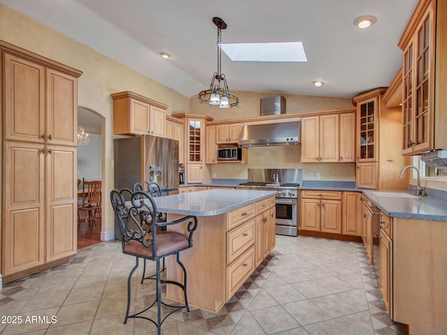 19506 N 73rd Ave, Glendale, AZ 85308 - kitchen with appliances with stainless steel finishes, a sink, ventilation hood, lofted ceiling, and a skylight