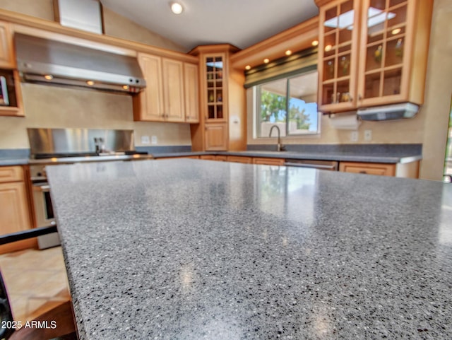 19506 N 73rd Ave, Glendale, AZ 85308 - kitchen with extractor fan, lofted ceiling, glass insert cabinets, a sink, and stovetop