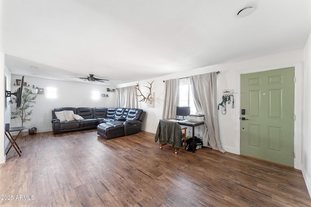 3508 E Gelding Dr, Phoenix, AZ 85032 - living room with wood finished floors, a ceiling fan, and baseboards