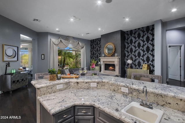 kitchen featuring sink, light stone countertops, dark hardwood / wood-style floors, gray cabinets, and a high end fireplace