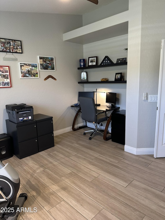 18132 E Vencino St, Gilbert, AZ 85298 - office featuring light wood-style floors, baseboards, and ceiling fan