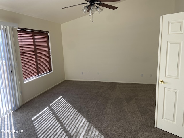 unfurnished room with baseboards, carpet floors, and ceiling fan