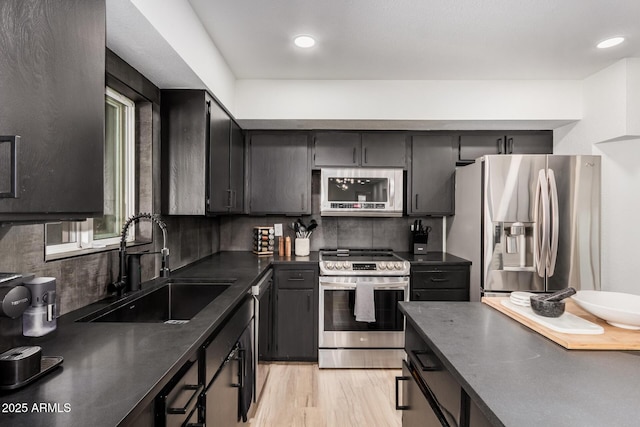 kitchen with dark countertops, backsplash, appliances with stainless steel finishes, light wood-style floors, and a sink