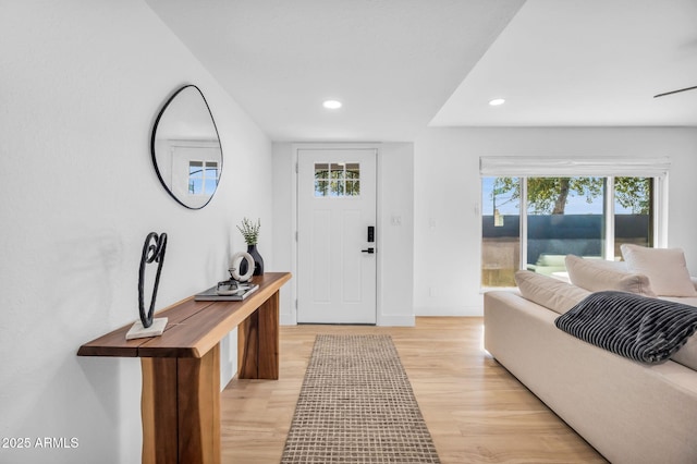 entryway featuring light wood-style floors and recessed lighting