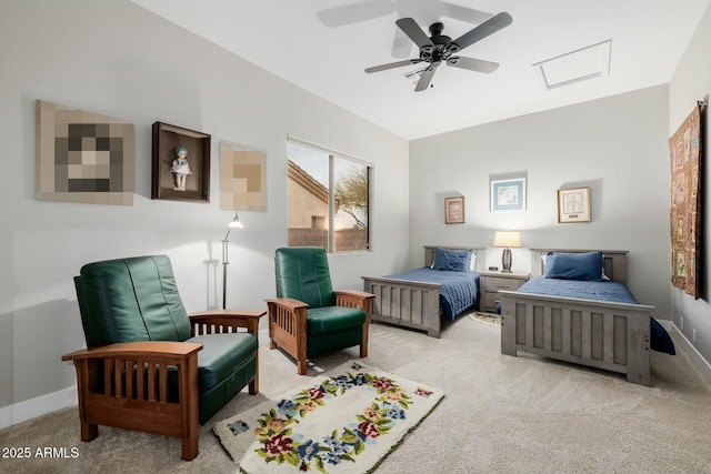 bedroom featuring ceiling fan and light colored carpet