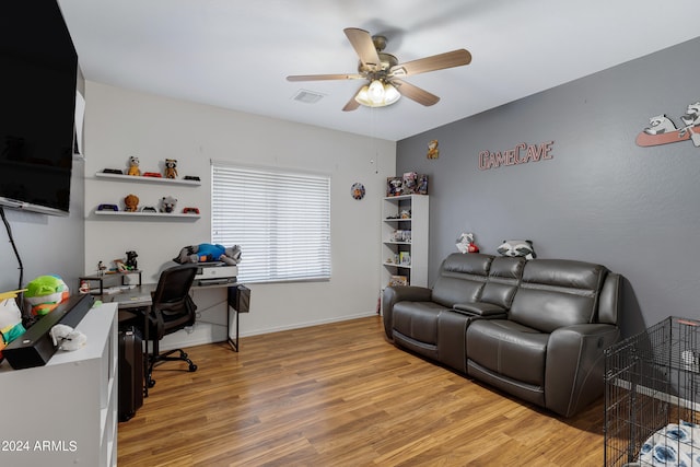 office area featuring ceiling fan and wood-type flooring