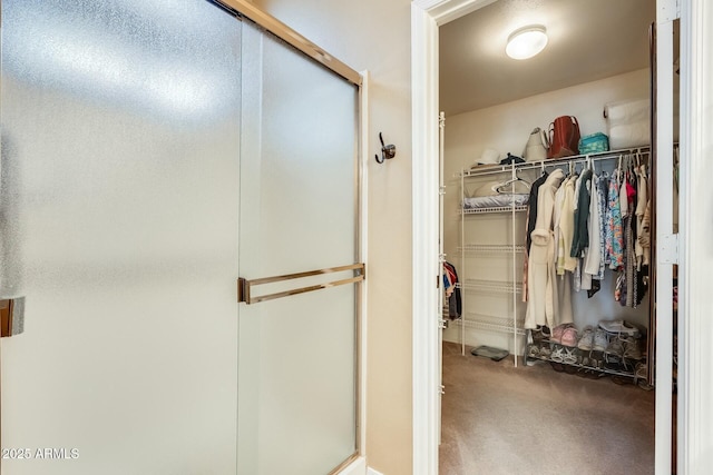 bathroom featuring a stall shower and a walk in closet