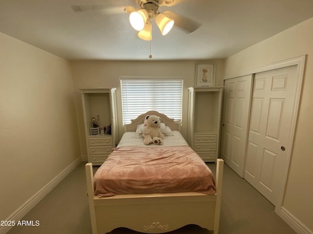 bedroom featuring ceiling fan and a closet