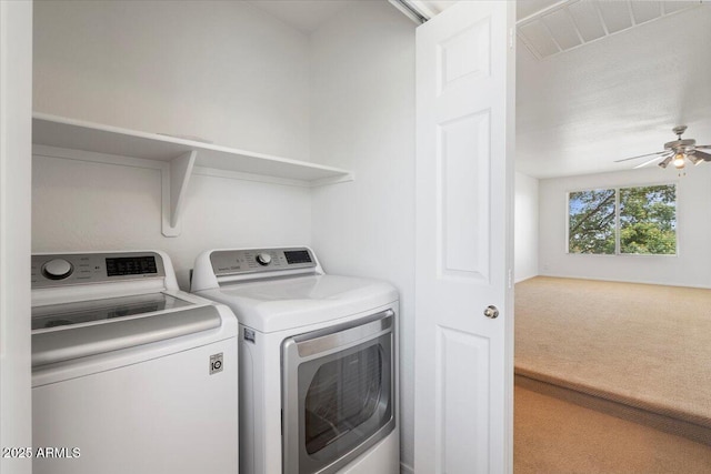 180 S 18th St, Coolidge, AZ 85128 - laundry area with washing machine and dryer, carpet, and ceiling fan