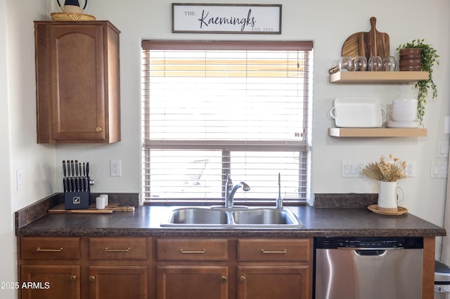 kitchen with a sink, dark countertops, and dishwasher