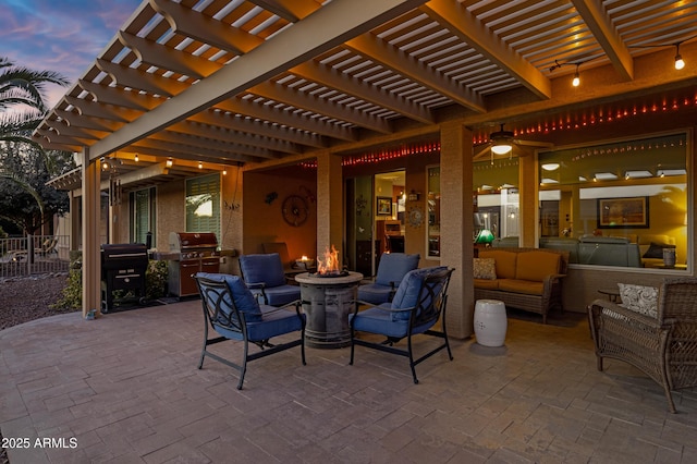 patio terrace at dusk with an outdoor hangout area, a pergola, and a grill