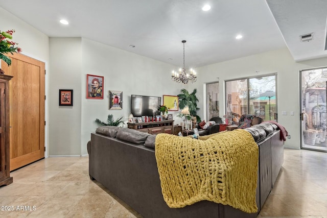 living room with light tile patterned floors, visible vents, a notable chandelier, and recessed lighting