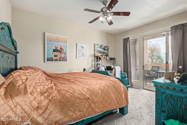 bedroom featuring carpet floors, access to exterior, and a ceiling fan