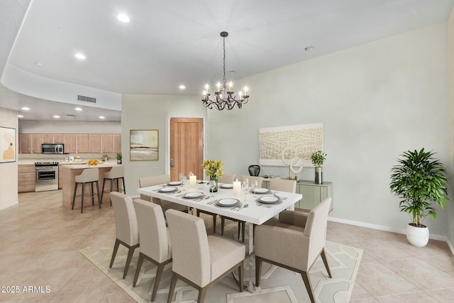 dining area with recessed lighting, baseboards, visible vents, a notable chandelier, and light tile patterned flooring