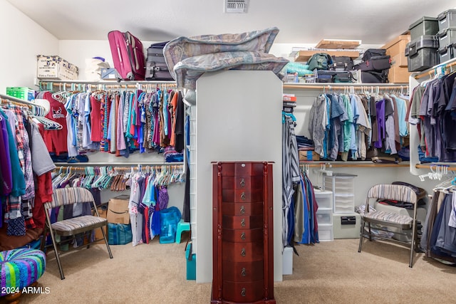 walk in closet with light colored carpet