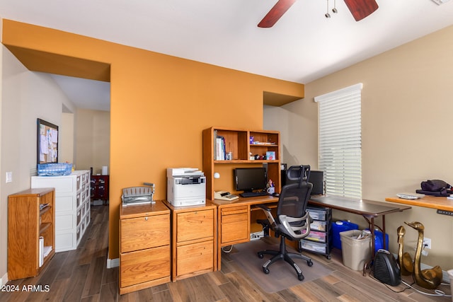 office area featuring ceiling fan and dark wood-type flooring