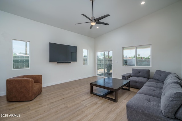 2345 N 28th Pl, Phoenix, AZ 85008 - living area featuring light wood-style floors, recessed lighting, high vaulted ceiling, ceiling fan, and baseboards