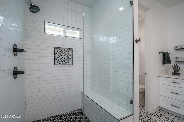 2345 N 28th Pl, Phoenix, AZ 85008 - bathroom featuring a stall shower, tile patterned flooring, and toilet