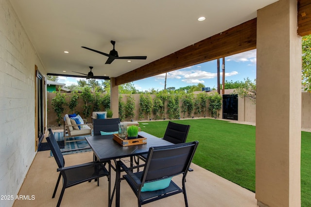 8419 E Rancho Vista Dr, Scottsdale, AZ 85251 - view of patio / terrace featuring outdoor dining area, a fenced backyard, and ceiling fan