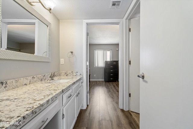 bathroom featuring hardwood / wood-style flooring and vanity