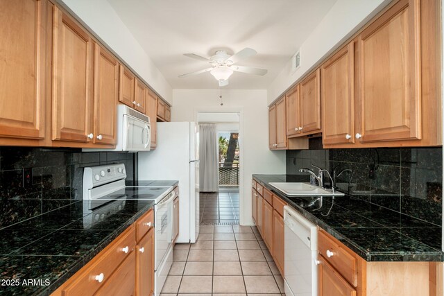 330 W Maryland Ave Unit 207, Phoenix, AZ 85013 - kitchen featuring white appliances, ceiling fan, tasteful backsplash, and light tile patterned floors