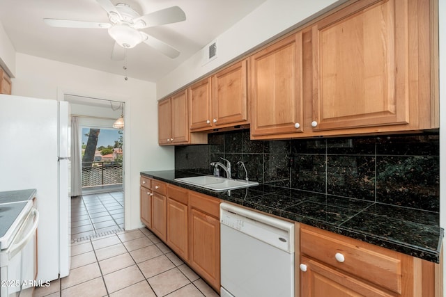 330 W Maryland Ave Unit 207, Phoenix, AZ 85013 - kitchen featuring white appliances, tasteful backsplash, tile countertops, light tile patterned flooring, and a ceiling fan