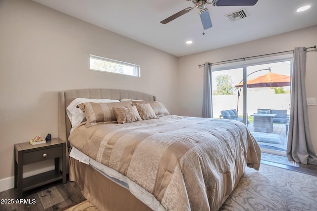 bedroom featuring visible vents, ceiling fan, wood finished floors, access to exterior, and recessed lighting