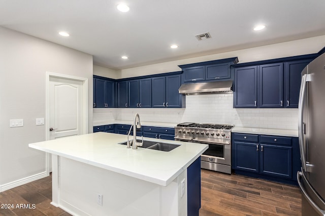 kitchen with a center island with sink, sink, dark wood-type flooring, and stainless steel appliances