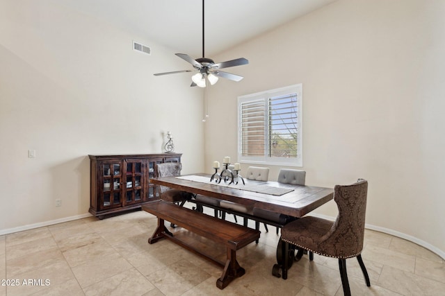 dining area featuring visible vents, baseboards, and ceiling fan