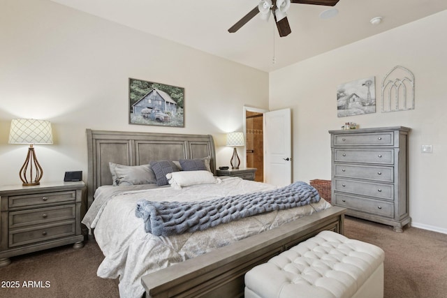 bedroom featuring baseboards, a ceiling fan, and dark colored carpet