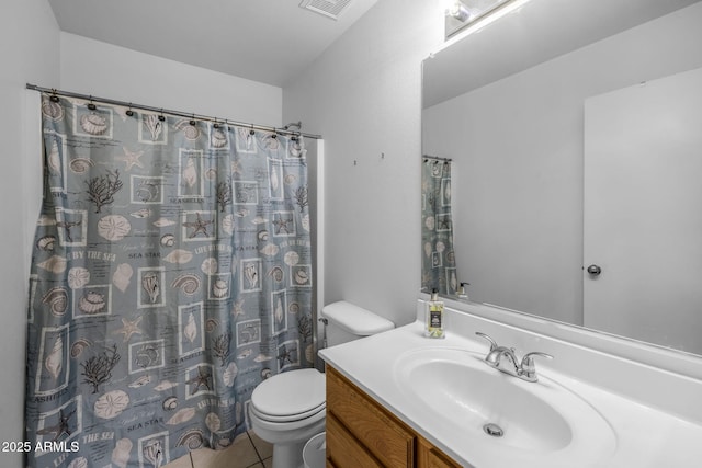 bathroom featuring vanity, curtained shower, tile patterned floors, and toilet