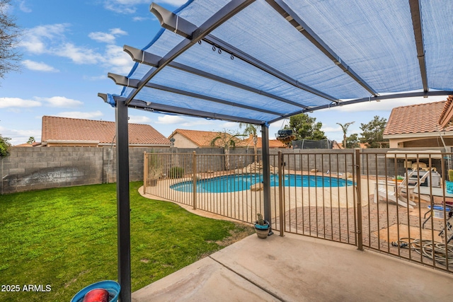 view of pool featuring a lawn, a patio area, and a pergola