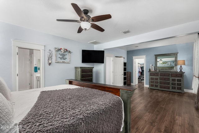 bedroom featuring ceiling fan, visible vents, baseboards, a walk in closet, and dark wood finished floors