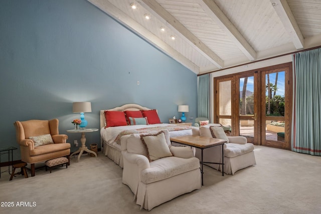 carpeted bedroom featuring access to exterior and lofted ceiling with beams