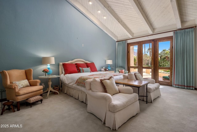 bedroom with beam ceiling, high vaulted ceiling, and light carpet