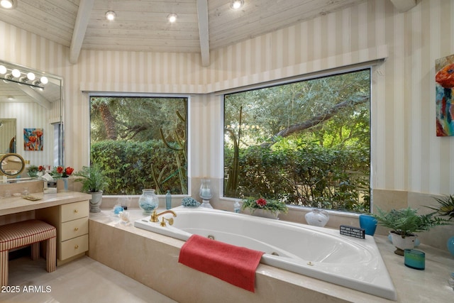 full bathroom with vanity, wallpapered walls, beam ceiling, wooden ceiling, and a jetted tub