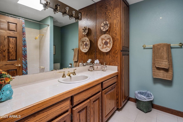 full bath with vanity, a shower with shower curtain, visible vents, tile patterned flooring, and toilet