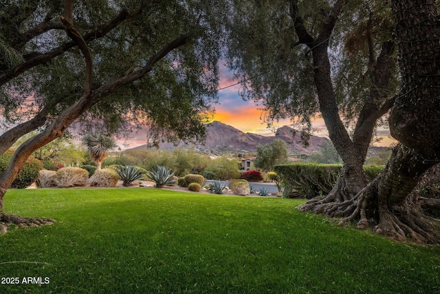 yard at dusk featuring a mountain view